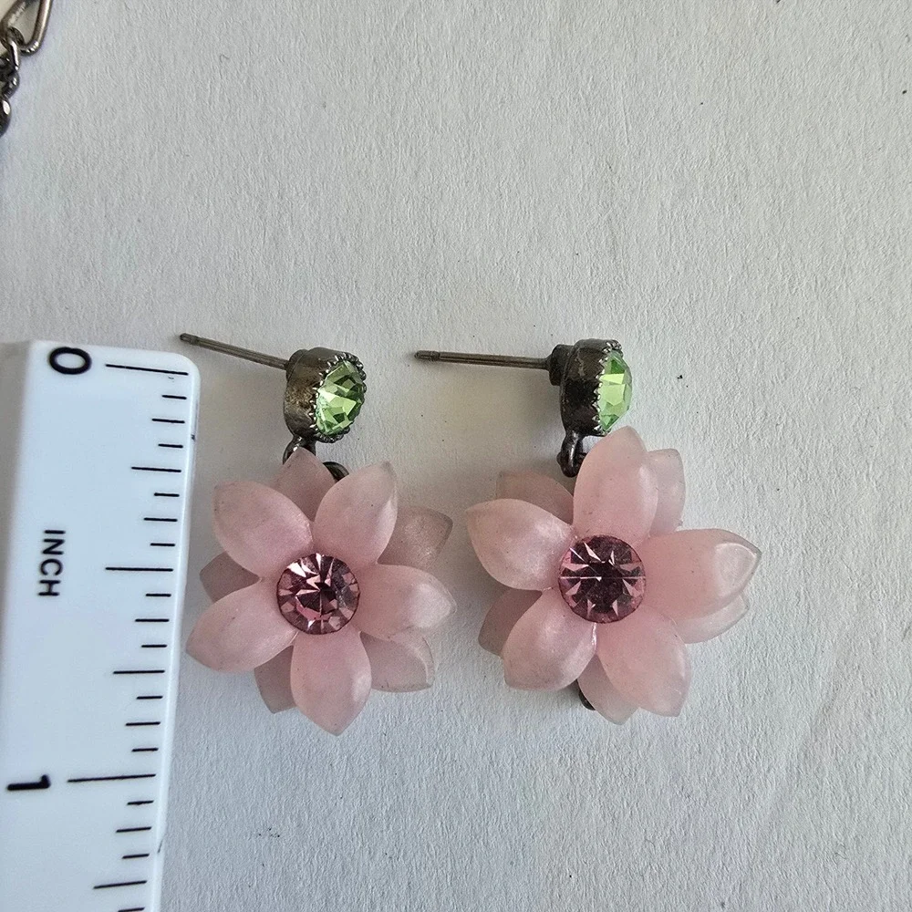Floral Bib Necklace Earring Set Pastel Resin Flowers Gunmetal Rhinestone Jewelry